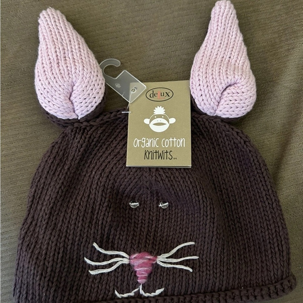 Knit Wits Kids Bunny Knit Hat - Brown and Pink Organic Cotton Sz M/L NWT!!